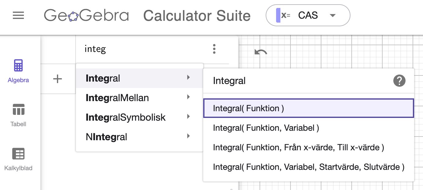 Kommandot Integral i GeoGebra-appen CAS