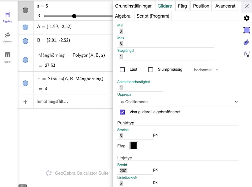 glidare inställningar i geogebra