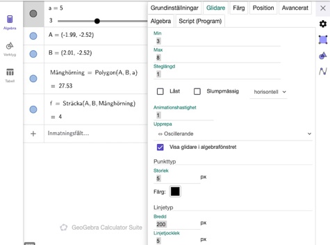 glidare inställningar i geogebra