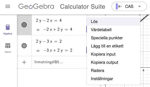 att lösa ekvationssystem i GeoGebra-CAS