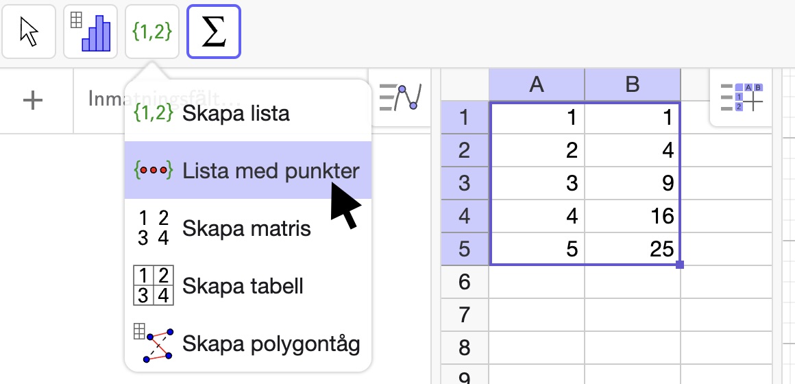 skapa en punktlista i geogebra classic
