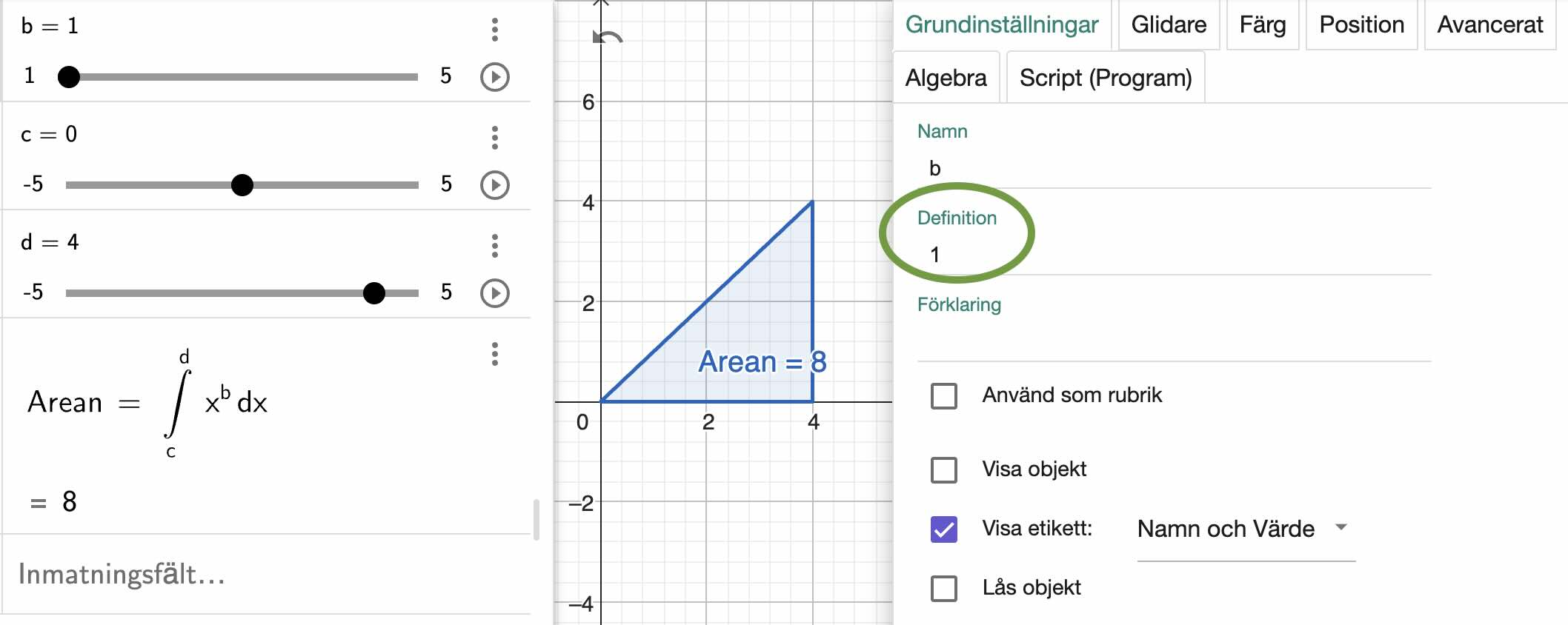 glidarens inställningar i geogebra