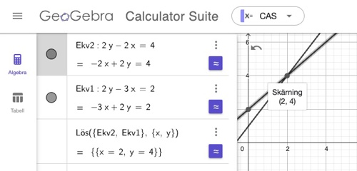 lösning av ett ekvationssystem i GeoGebra-CAS