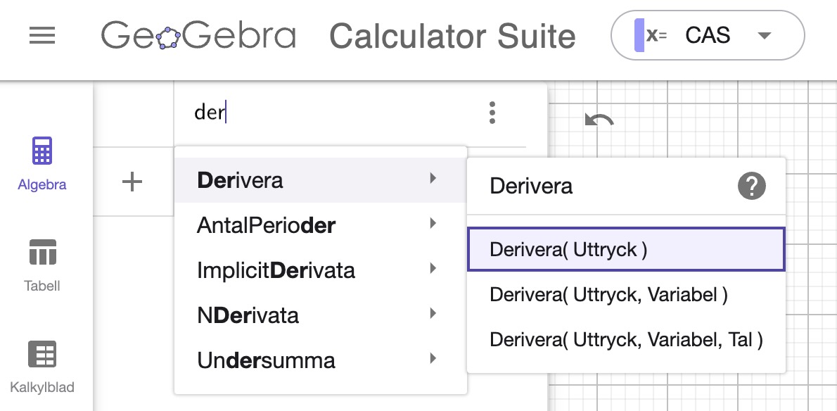 derivatkommandot i geogebra cas