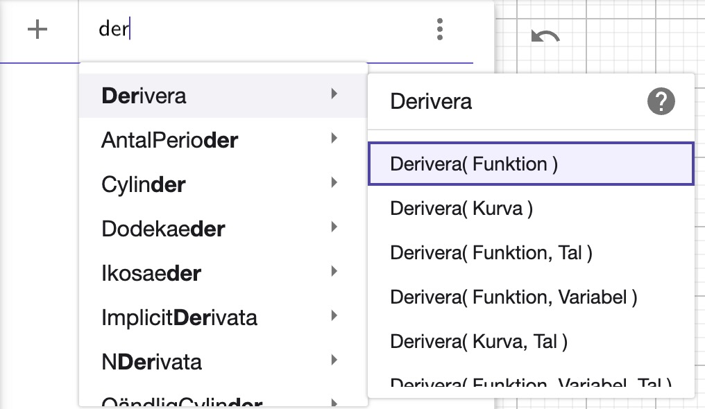 derivera-kommandon i geogebra