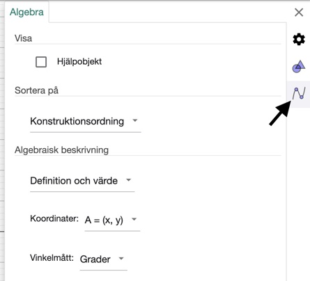 algebra inställningar i geogebra