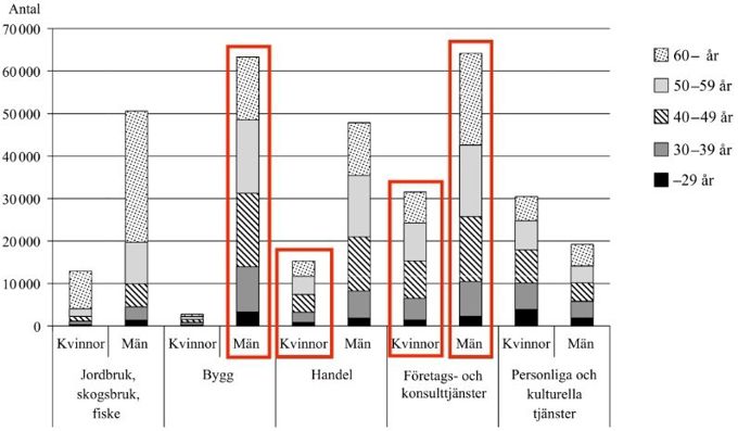 Vilket svarsförslag anger en kategori där antalet företag per åldersgrupp ökade med företagsledarnas ålder?